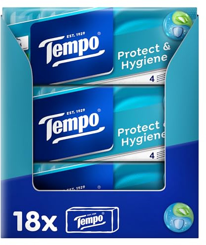 Tempo protect Taschentücher - Megapack - 18 Packungen mit je 10 Päckchen x 9 Tüchern - Papiertaschentücher mit antibakteriellem Wirkstoff, waschmaschinenfest