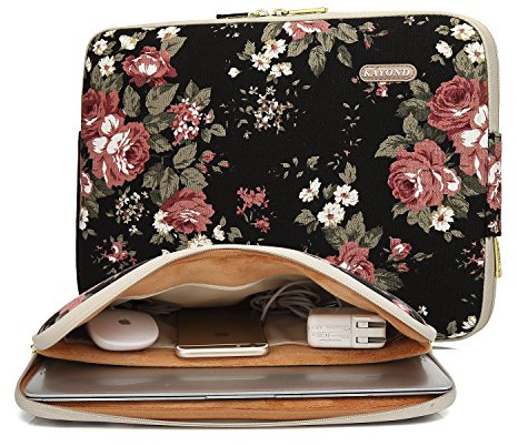 KAYOND Black Chinese Rose Pattern Water-resistant 14 inch Canvas laptop sleeve for 14-14.1 inch HP/Dell/Lenovo/Asus/Acer/Samsung Notebook Computer (14-14.1 Inch, Black C Rose)