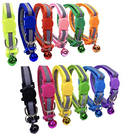 PACCOMFET Katzenhalsband, reflektierend, Nylon, mit Glöckchen, mehrfarbig, sicher und langlebig, 12 Stück