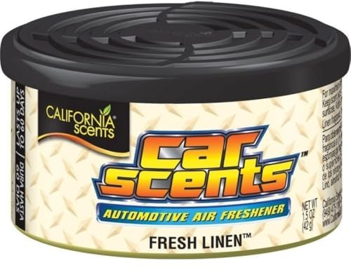 California Scents Ambientador de coche en Lata - Nueva versión - Fragancia Duradera de Lino Fresco (Hasta 60 Días) - Control de Intensidad de Olor para un Ambiente Fresco y Personalizado, 42g