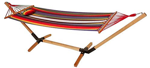 etc-shop Hänge Matte Sessel Schaukel korb Holz Gestell Textil Kissen Garten Balkon Terrassen Möbel, Farbe:rot mit Gestell L 310 cm