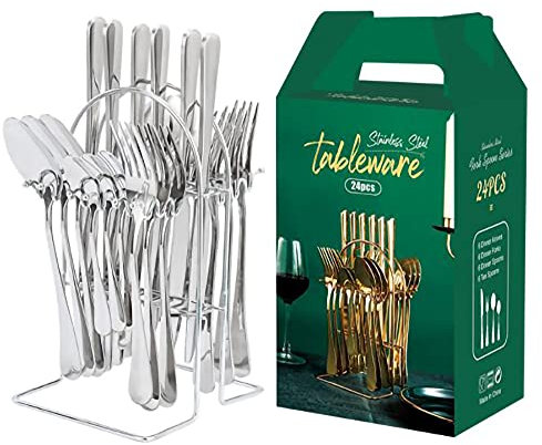 Juego De Cubiertos De Cocina De 24 Piezas, Acero Inoxidable 430, Juego De Cubiertos Para 6 Personas, Juego De Cubiertos ÚNico Con Soporte De Bandeja, En Caja De Regalo (Plata)