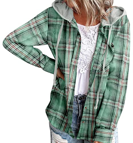 Petalum Damen Hemd kariert mit Kapuze Bluse Langarm Button Down Basic Boyfriend Holzfällerjacke Casual Dünne Blusenshirt