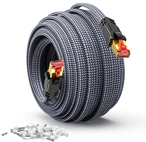 SNOWKIDS Cat8 LAN Kabel 20Meter 40Gbps Nylon Flach Netzwerkkabel (20M Grau) | Robust Nylon-Kabel, 2000MHz Hohe Geschwindigkeit Patchkabel, S/FTP, RJ45 Stecker Ethernet Kabel für Router/Modem/TV/Switch
