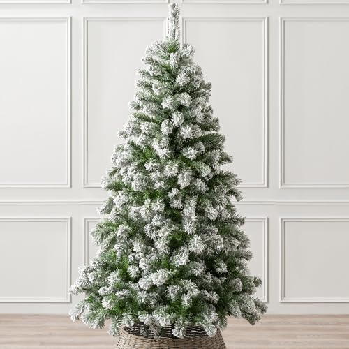 Christow Chamonix Spruce Flocked Christmas Tree, 6ft | Traditional Bushy Shape, 483 Snow-Flocked PVC Tips, Hinged Branches, Easy Assembly with Green Stand