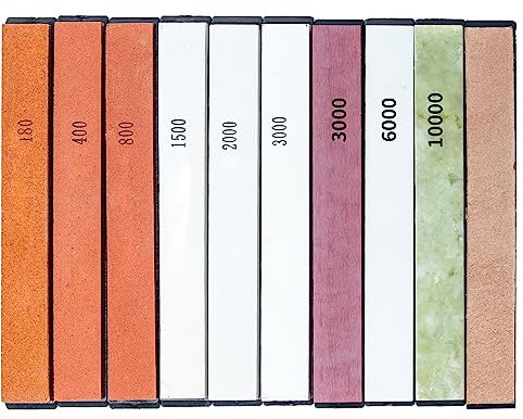 Piedra de afilar de cuchillo, piedra de afilar cwovrs 6pcs - grit180 / 400/800 / 2000/3000 + 3pcs Terrazzo - Grit 3000/6000 / 10000 + 1 cuero con base ABS