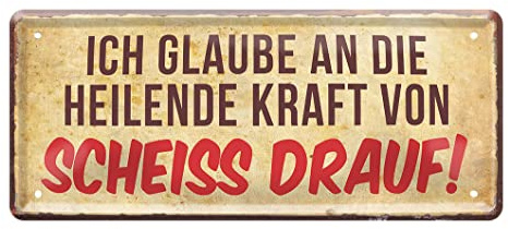 Scheiss drauf! Lustiges Blechschild - Retro Deko Schild im Format 28x12cm - stilvolles Metallschild mit witzigem Spruch für Partykeller Kellerbar Büro Werkstatt Arbeitsplatz