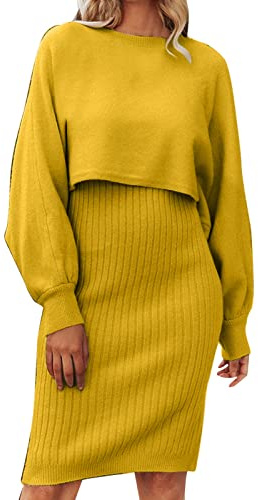 Robe en Tricot Femme 2 Pièces Ensembles Uni Manches Longues Pullover Haut et Jupe Tricoté Pull à Col Roulé Robe Tricotée Outfit Automne Et Hiver Midi Robe Loisir