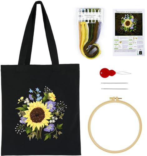 Stickset für Leinen-Tragetaschen, Stickset Tragetasche mit Blumenmuster für Anfänger, Canvas Tote Bag Sticken Set Erwachsene mit Anleitung Farbfäden Stickrahmen und Werkzeug für DIY Kunst, Handwerk