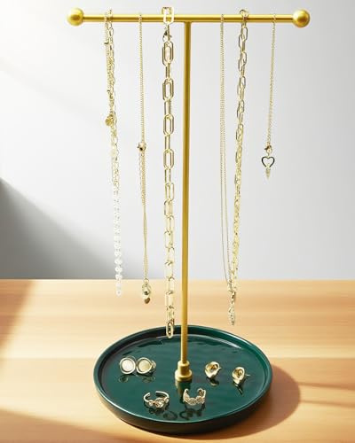 HQSHNY Schmuckständer Gold - 15 cm Keramikbasis x 30 cm Höhe Schmuckbaum, Schmuckhalter für Halsketten, Armbänder, Ringe, Ohrringe und Anhänger, Smaragdwald
