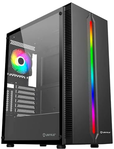 UNYKAch Boîtier de Gaming ATX Armor Lumina Noir avec façade avec Bande LED ARGB, grilles Verticales de Refroidissement, Panneau latéral en Verre trempé et Ventilateur ARGB de 120 mm