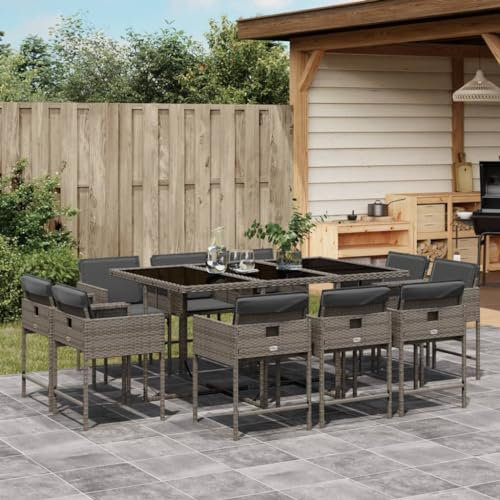 Gecheer 11-TLG. Garten Essgruppe 10 Personen, Polyrattan Sitzgruppe, Balkonmöbel Set, Rattan Gartenmöbel Set, Gartengarnitur Set, Balkon Lounge, Gartentisch Set, Terrassenmöbel Set, Kissen, Grau