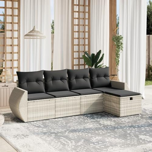 Homgoday 5-TLG. Garten-Sofagarnitur mit Kissen Gartensofa Gartenlounge Balkonmöbel Balkonsofa Sofa Lounge Gartenmöbel Balkonlounge Sitzgruppe Gartenset Hellgrau Poly Rattan