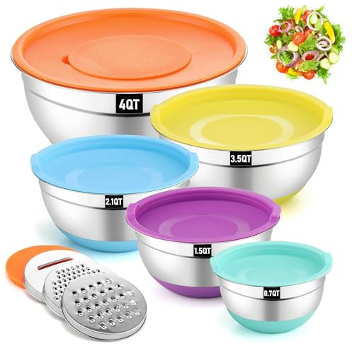 hunnycook Set di 5 Insalatiere Colorate, Insalatiera in Acciaio Inox con Coperchio, Base in Silicone Antiscivolo e 3 Grattugie, Insalatiere Impilabili, 4.5,4,2.4,1.7,0.8L, Lavabile in Lavastoviglie