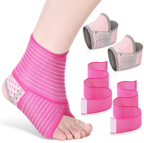 Junkin 2 Pairs Kid's Ankle Support Brace Elastic Ankle Compression Sleeve Neoprene Wraps Adjustable Sports Foot Brace Protector Breathable Calf Ligament Compression Bandage(Pink)