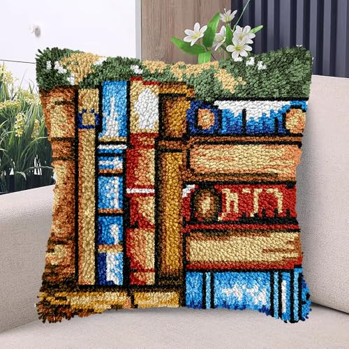 Books and Dictionary Latch Hook Kits Pillow with Printed Canvas DIY Handmade Cushion Crochet Yarn Embroidery Hook and Latch Kit Pillowcase Christmas Decoration 43x43cm