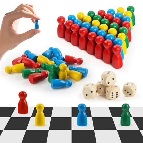 TIVUNORON 80 Pezzi Pedine Multicolori, Scacchi di Pedine Multicolori in Legno e Dadi da Gioco, Tavolo Pedine Gioco per Giochi Tavolo (4 Colori)