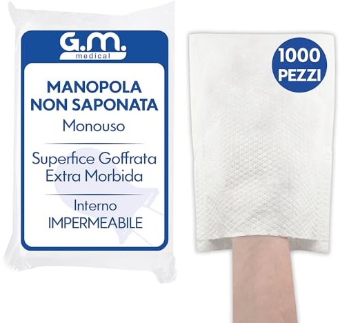 G.M. DISTRIBUZIONE 1000 Manopole non Saponate Goffrate Usa e Getta Impermeabili, Per la Detersione e l’igiene di Pazienti Anziani ed Allettati, Guanto Monouso Lavapaziente, Interno Impermeabile