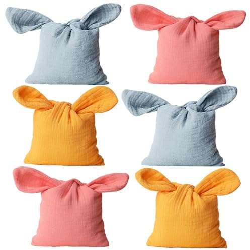 HERZONE 6pcs Ostertüten zum Befüllen mit Hasenohren Osterbeutel Stoff ostern Baumwollsäckchen zum Befüllen, Geschenkbeutel, Osterkörbchen(C)