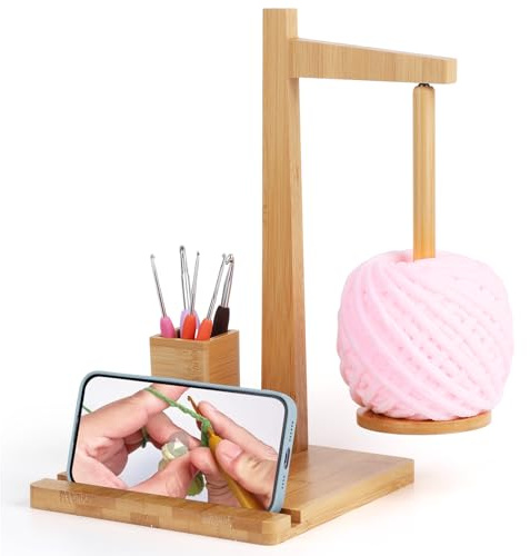 Reessy Yarn Holder Magnetic, Wooden Yarn Holder for Crochet, Multi-functional Yarn Spinner with Phone Stand and Crochet Storage, Large Wool Holder when Knitting and Crocheting