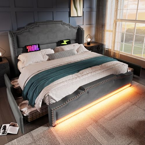 Polsterbett mit 4 Schubladen LED-Beleuchtung und USB-C-Ladeanschluss Doppelbett für Erwachsene Jugendliche Stauraumbetten Samt mit Lattenrost Gästebett Grau Ohne Matratze 140x200 cm