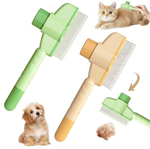 RHQFDM Fellblitz Katzenbürste mit Entriegelungsknopf,Flohkamm für Katzen&Hunde,Bürste für Die Haustierpflege,für Langhaar/Kurzhaar,Entfernt lose Haare&Flöhe,Fördert Gesundes Fell(Grün+Gelb)