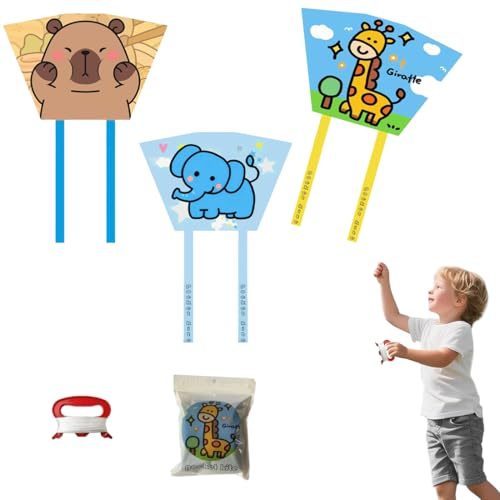 DIFLAX 3 Pezzi Aquilone, Aquilone Bambini, Aquilone Portatile, Per Principianti, Motivi Capibara Elefante Giraffa, 75x48cm, Coda di 1.48m, per Attività all'Aperto