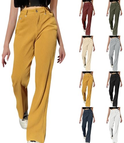 Pantaloncini da donna in corduroy elasticizzati a vita alta con gamba larga, pantaloni in corduroy caldi per l'autunno e l'inverno, pantaloni palazzo da lavoro casual con tasche, bianco, M