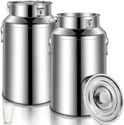 FillTouch 2 Pcs Stainless Steel Milk Can 35L/ 9.25 Gallon Heavy Duty Metal Milk Dispenser Container Pail Water Jug with Locking Sealed Lid Food Wine Oil Storage Container for Home Farm Kitchen