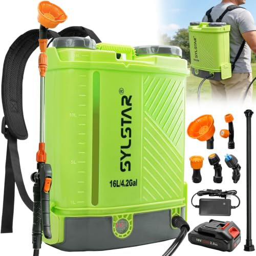 SYLSTAR Pulverizador Electrico 16L, 7Bar Potente Sulfatadora Bateria Compatible con Makita 18V, 5 Boquillas Pulverizador Bateria con Fuerza de Pulverización Ajustable (con Cargador)
