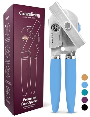Graceliving Heavy Duty Manual Can Opener with Magnetic Lid Lifter, Blue | Premium Stainless Steel Body, Sharp Cutting Blade, Oversized Easy-Turn Knob, Soft-Touch Handle, Bottle Opener, Kitchen Use
