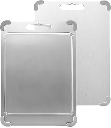 LuminaVerde Tabla de Cortar de Acero Inoxidable y PP, Uso Doble Cara y Antibacteriano, 36.5x25cm Antideslizante, Amigable con Cuchillos con Canal de Jugo y Mango, Libre de BPA Apto para Alimentos