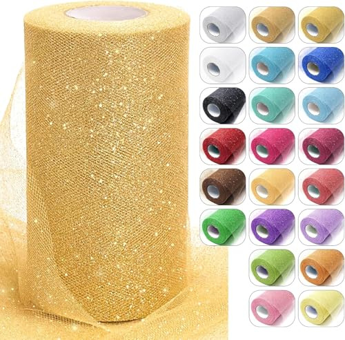 Glitzernde Pailletten Tüll Rolle, Tüllstoffrollen, 15 cm x 9 m Tüllstoff Rollen, Glitzernder Tüll, Tüllstoff, Tüllband Hochzeitsdeko, für Basteln, Hochzeitsdeko, Partydekoration (Gold)