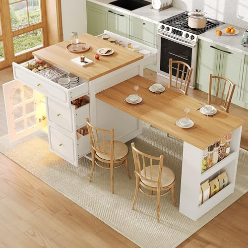 Xfholl Kitchen Island with Four Drawers and Curved Glass Door, Extendable Bar Table with Storage and LED Lighting, Kitchen Dining Cart with Side, White