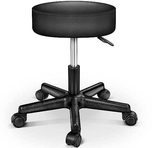 TRESKO Rollhocker höhenverstellbar Schwarz bis 150 kg | Hocker Drehhocker 10 cm Dicke Polsterung 47-60 cm Sitzhöhe | Arbeitshocker Bürohocker 360° drehbar mit Rollen