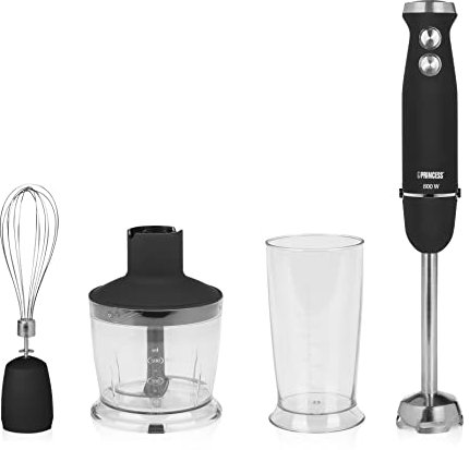 Princess 221220 Set de batidora de mano, Control de velocidad, 800 W, incluye taza de medir, picador y batidor, acabado de goma para un agarre ergonómico, acero Inoxidable, negro