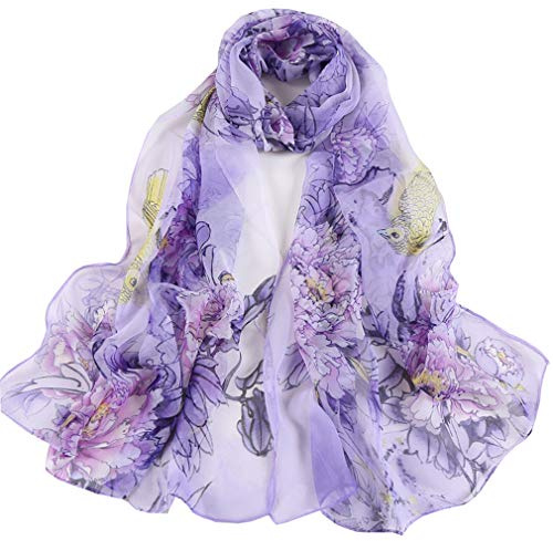 E-Clover Herebuy - Unique Women's Floral Scarves: Chiffon Flowers & Birds Printed Scarf Wedding Party Shawl Wrap Dating Gift Purple Yellow Mothers Day Gift