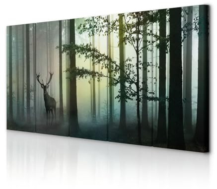 decomonkey Bilder Hirsch 200x80 cm 5 Teilig Leinwandbilder Wandbild Tiere | Bild auf Leinwand, Kunstdruck, Wanddeko, Wohnzimmer, Wanddekoration, Wald, Natur