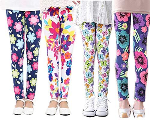 XM-Amigo 4-pack barn flickor byxor blommönster stretch leggings (2-13 år), A02, 6-7 År
