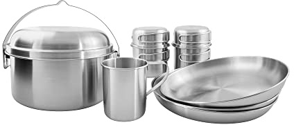 Tatonka Camping-Kochgeschirr Picnic Set III (10-teilig) - Edelstahl-Geschirr fürs Picknick zu dritt - Mit Topf, Pfanne, Tellern und Bechern (inkl. Deckel) - Schadstofffrei & lebensmittelecht