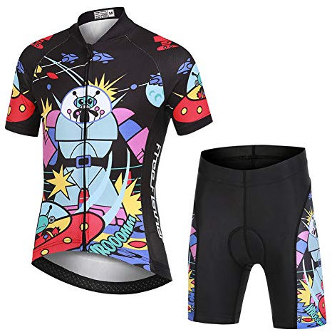 LPATTERN Kinder Radsport Bekleidung- Jungen/Mädchen Fahrrad Trikot-Set(Trikot Kurzarm+Kurz Radhose)/Radtrikot Kurzarm/Kurz Fahrradhose mit Sitzpolster,Roboter auf Schwarz(Anzug),122/128(Tag:M)