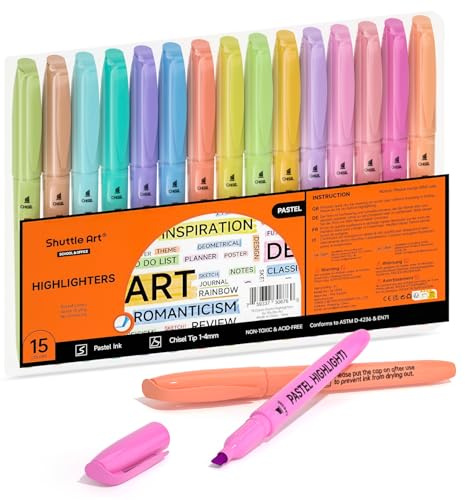Textmarker, Shuttle Art 15 bunte Pastell Textmarker, 15 Macron Farben, schnell trocknender, ungiftiger Marker, geeignet für Erwachsene und Kinder, um Text hervorzuheben und Markierungen zu machen