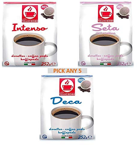 Bonini Coffee Pods, Senseo Compatible Pods. Pick Any 5 Packs (Each Pack 36 pods) from 3 Different Flavours Inc. Decaf, Intense, Seta (Total 180 Pods) - 100% Italian Coffee
