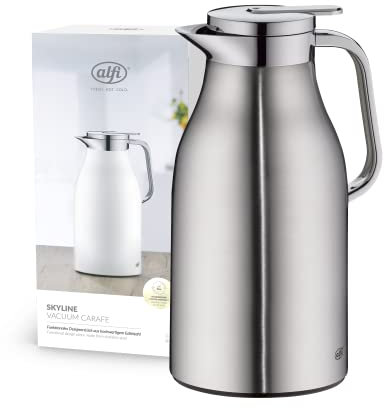 alfi SKYLINE 1,5l, stainless steel mat, Edelstahl-Isolierkanne mit hygienischem Hartglaseinsatz, Drehverschluss mit bequemer Drucktaste, ergonomischer Griff, mit einer Hand, ideal als Kaffeekanne
