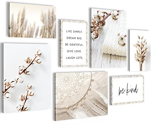 Novart Wandbilder Pampasgras - KOMPLETT AUFHÄNGFERTIG - Beige Vintage Wohnzimmer Schlafzimmer - 7 Moderne Mood-Bilder - N020171a