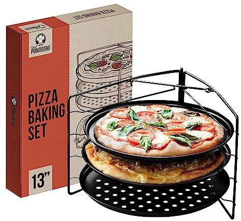Chef Pomodoro Set Bandejas Horno con 3 Piezas (Bandeja Pizza Horno + Base Pizza + Pan con Soporte), Accesorios de repostería y cocina, Platos para Pizza perforados, antiadherentes y fáciles de usar