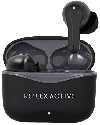 Reflex Active PRO TWS Inear-Kopfhörer mit BT5.2 mit aktiver Geräuschunterdrückung und sicherer Raumtransparenzfunktion. Schwarze Gummilackierung mit Markenlogo auf der Hülle