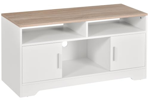 HOMCOM TV-Lowboard Fernsehschrank TV-Bank mit 2 Schränken und 3 offenen TV-Kommode bis zu 50 Zoll Fernsehtisch Unterschrank Kabelführungsöffnung Spanplatte Weiß+Naturholz 105 x 40 x 52 cm