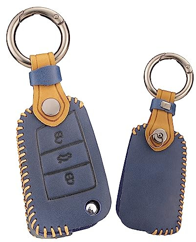 KUNIO Klappschlüssel Cover Passt für VW Golf 7 Passat MK7 Passt für Skoda Octavia Combi Superb Kodiaq Passt für Seat Leon Ibiza Cuptra Leder Autoschlüssel Hülle Schlüsselanhänger B Blau