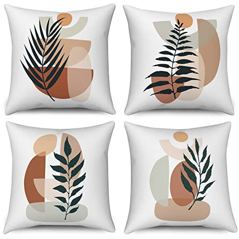 Dekorativ kudde örngott, Boho örngott 40 x 40 cm set om 4, modern abstrakt konst palmblad vit soffa kudde överdrag tvättbar polyester lin textil utomhus stoppning